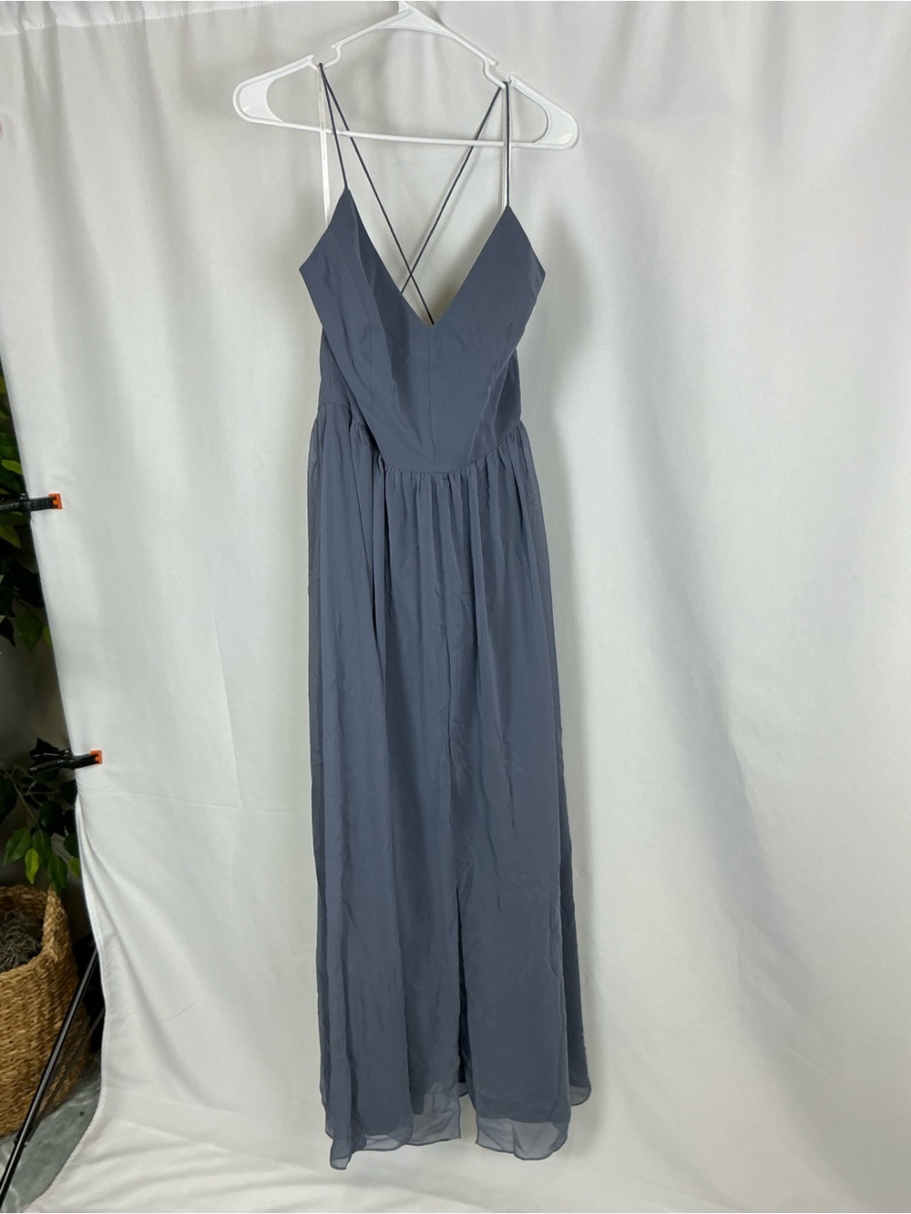 Dessy Collection Silverstone V-Neck Maxi Dress with Crisscross Spaghetti Straps